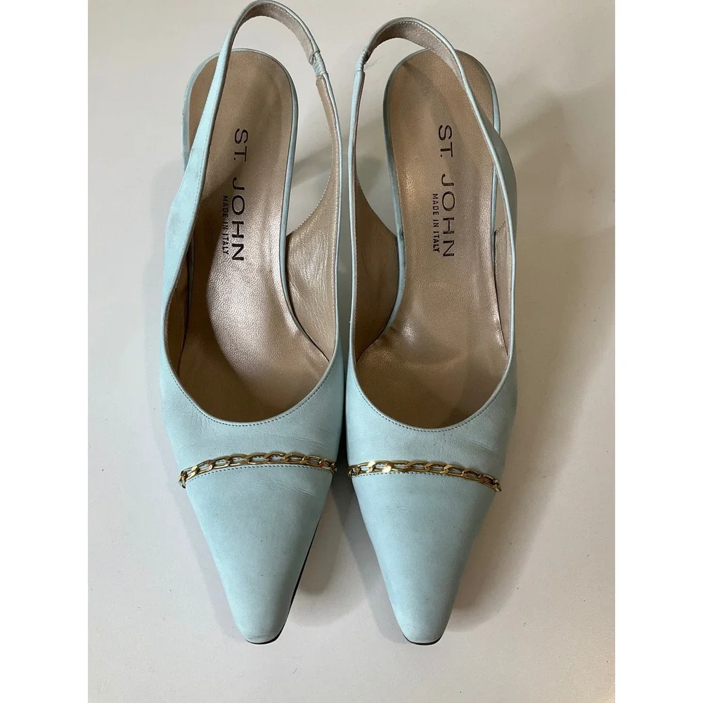 St. John Slingback Heel Nappa Leather Pointed Toe‎ Light Blue Gold Chain Italy 7